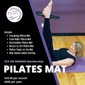 A Pilates Mat On Demand Membership to Rivercity Pilates contains a variety of 30 and 60 minute Pilates Mat classes in a variety of levels for just $34.99 per month.