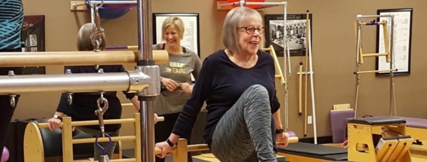 Pam, an 87 year old client at Rivercity Pilates.