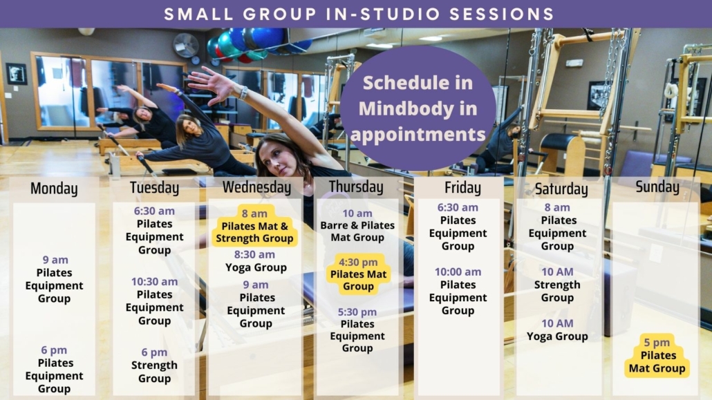 Rivercity Pilates In Studio Small Group Session schedule in North Liberty, Iowa.