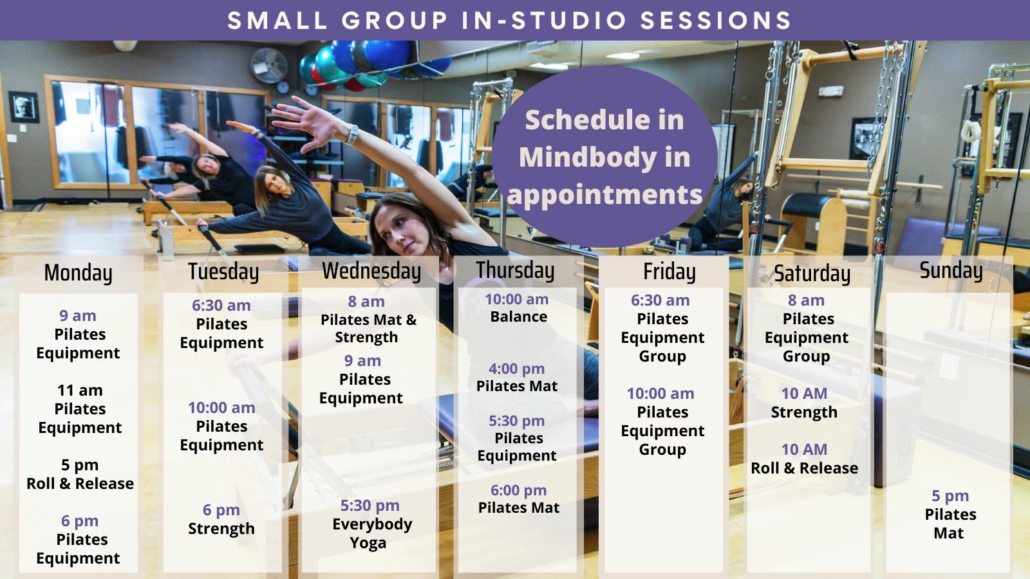 Rivercity Pilates in studio small group session schedule